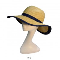 Wide Brim Paper Straw Hats – 12 PCS w/ Color Band & Trim - Navy - HT-6039NV
